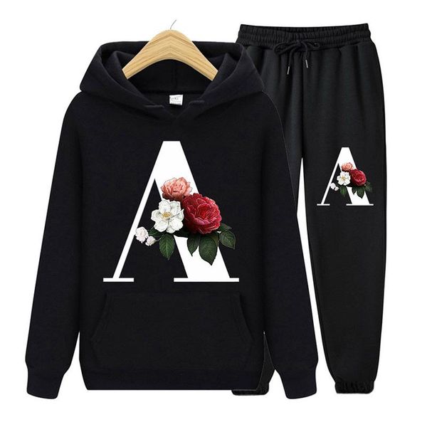 

women's jackets two piece sets hoodie jacket women winter casual long sleeve hooded coat harajuku vintage letters print sportswear suit, Black;brown