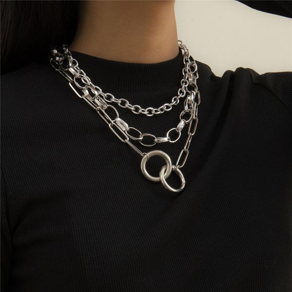 

european retro metal round button chains hip hop geometric alloy thick cross link for women multi layer tassel necklace ornaments wholesale, Silver