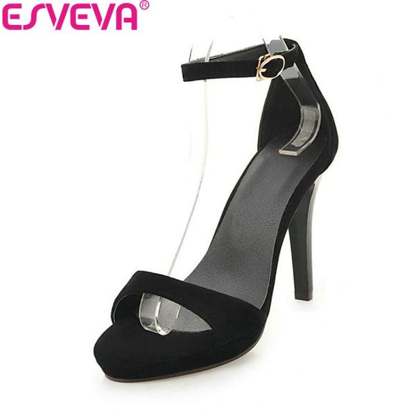 

dress shoes esveva 2021 women sandals flock buckle thin high heels ankle strap summer platform size 34-43, Black