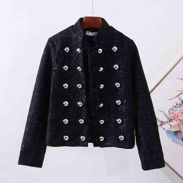

2021 spring elegant female designer vintage short support long sleeve button wool tweed jacket, Black;brown