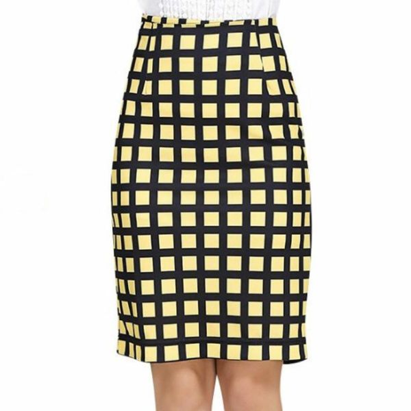 

high waist pencil skirt plus size fashion women's midi plaid stretch skirts, Black
