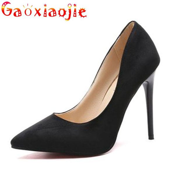 

dress shoes gaoxiaojie simple women pumps fashion flock shallow wedding party stiletto pointed toe 11.5cm office high heels 2021, Black