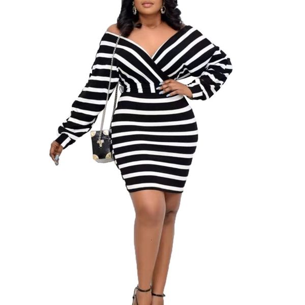 

striped printing women deep v-neck mini es 2021 spring plus size lantern sleeve sashes lace-up bodycon party, White;black