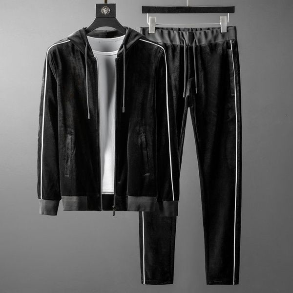 

tracksuit shirt autumn winter sets (hoodies+pants) luxury pleuche hooded men sweatshirts elastic waist mens pants plus size 5xl, Gray