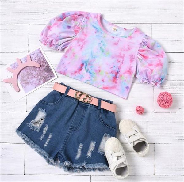 

clothing sets 1-6years kids girl summer outfits clothes tie dyed puff sleeves t-shirt +ripped jeans shorts with belt fashion girl's, White