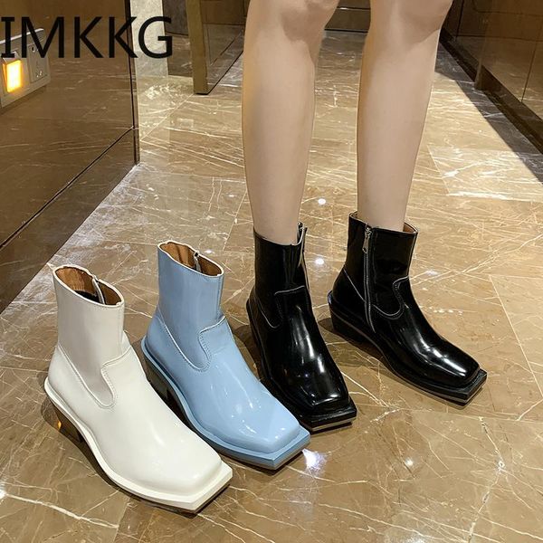 

boots 2021 autumn fashion motorcycle western women leather short high heels booties ankle botas shoes retro square toe zipper, Black