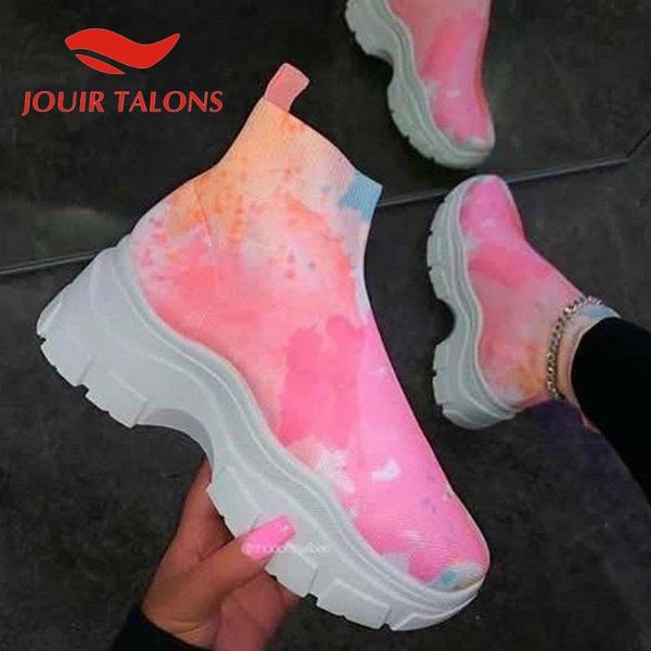 

boots jouir talons 2021 arrivals female shoes flat platform slip-on knitting women elastic band mixed color footwear, Black