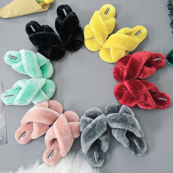 

winter women slippers keep warm faux fur home shoes cross vamp furry flats female slides cozy woman, Black