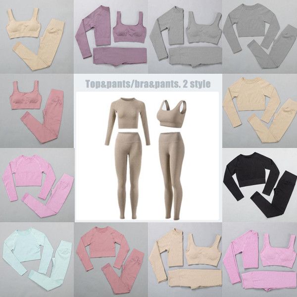 

2/3 pcs seamless outfit fitness yoga set workout clothes athletic wear sports gym legging bra crop long sleeve suit, White;red