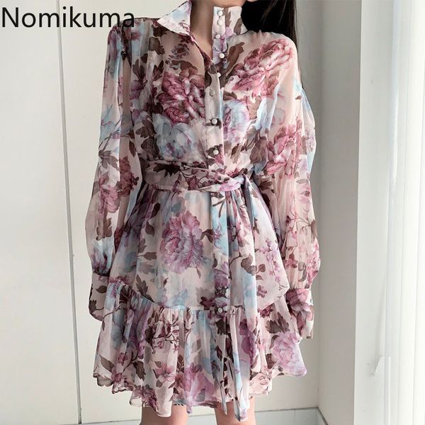 

nomikuma korea chic dresses women floral ruffle chiffon dress spring single breasted lace up slim waist vestido mujer 6f724 210427, Black;gray