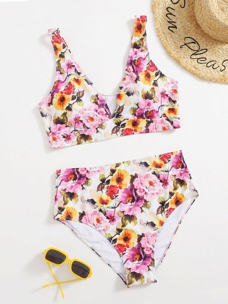 

plus floral high waisted bikini swimsuit 53q9#, Black