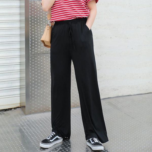 

women's pants & capris women summer thin softtrousers wide leg loose ankle length casual trouser elastic waist plus size, Black;white
