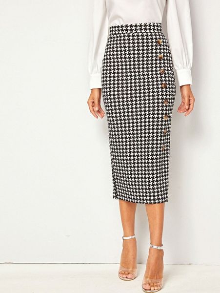

wide waistband button front split back houndstooth skirt 60gq#, Black
