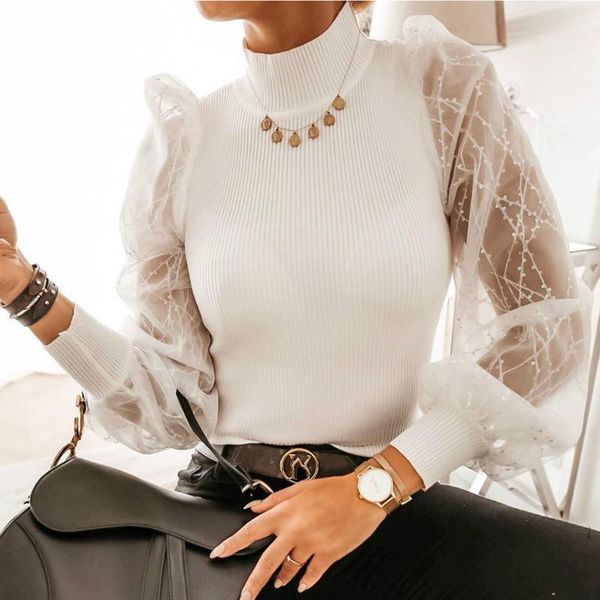 

women spring knitted puff mesh sleeve ol blouse ladies long pullover turtleneck jumper women's blouses & shirts, White