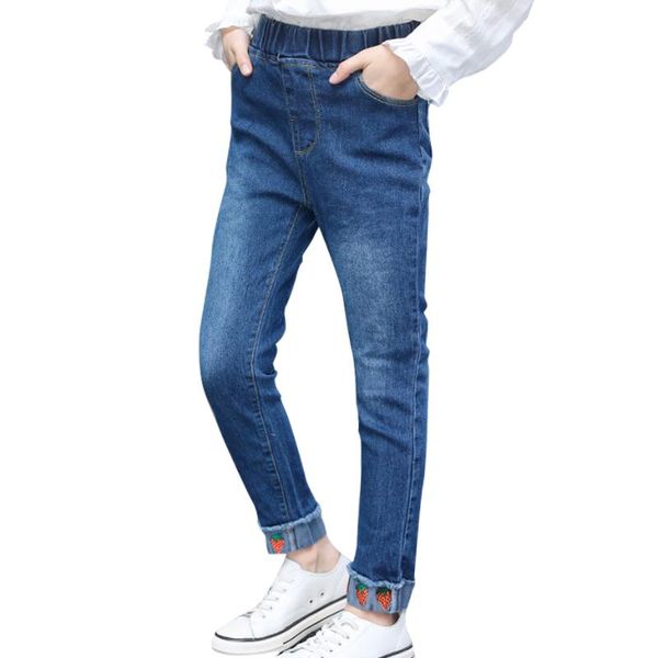 

jeans for girls starwberry embroidery children's pearls clothes spring autumn, Blue