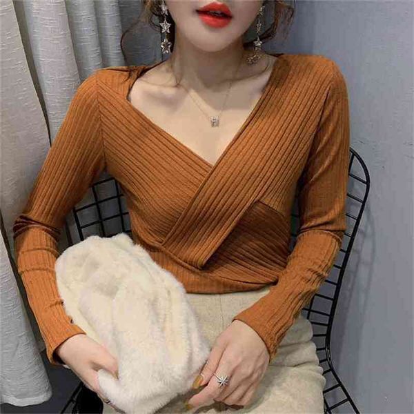 

spring autumn t-shirt women cotton v-neck crossover solid slim long sleeve tees ropa mujer t9d492 210421, Black;gray
