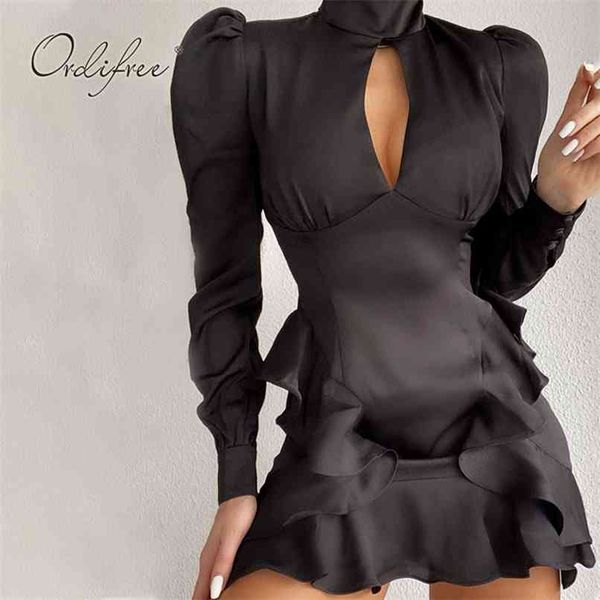 

summer vintage short women stain party mini dress ruffle puff sleeve silk shiny bodycon night club 210513, Black;gray