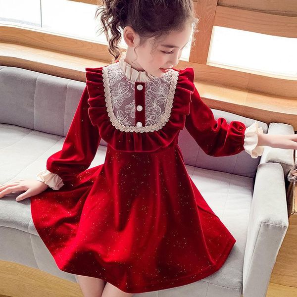 

girl's dresses girls soft and comfortable dress autumn 2021 children korean version of velvet princess girl red lace western, Red;yellow