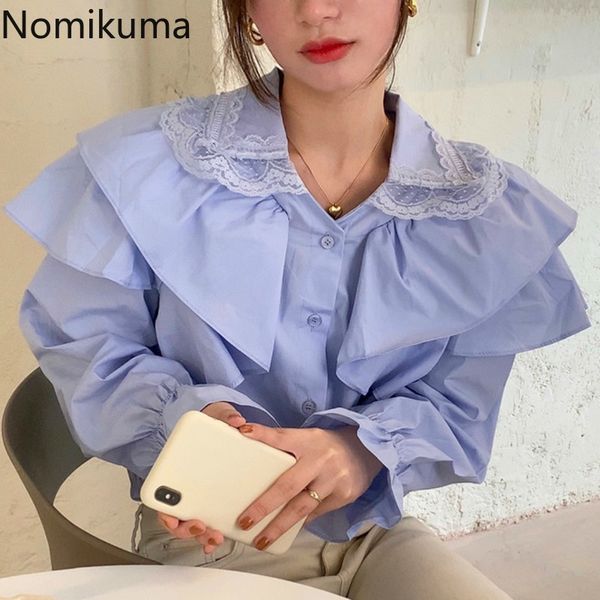 

nomikuma blouse women flare long sleeve lace patchwork turn-down collar shirt spring ruffle patchwork causal blusas 6e092 210427, White