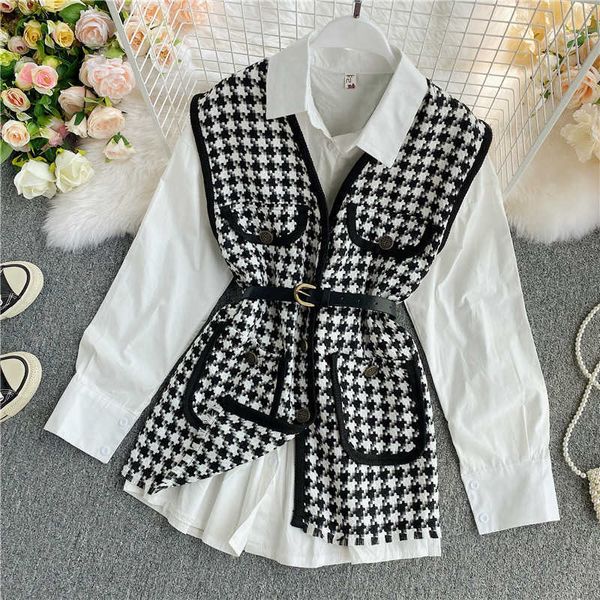 

casual retro v neck sleeveless bird lattice vest coat sashes + white turn down collar shirts long sleeve blouse sets 210610