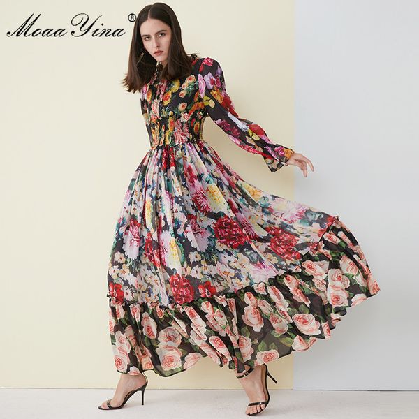 Hohe Qualität Frauen Sommer Strand Chiffon Rüschen Kragen Kleid Elegante Elastizität Taille Druck Runway Maxi Lange 210524