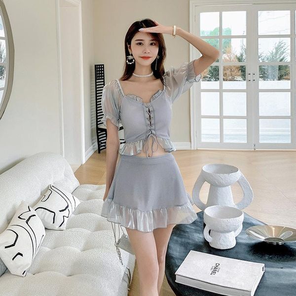 

one-piece suits 2021 korean style high waist bikini women swimwear push up swimsuit set biquini summer beach wear swimskirt