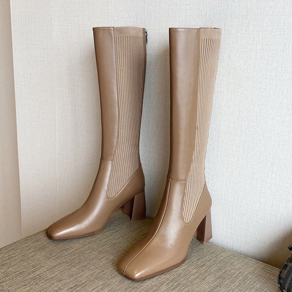 

dress shoes autumn winter boots for women's leather knee high women black apricot slim warm shoes woman elastic botas altas mujer