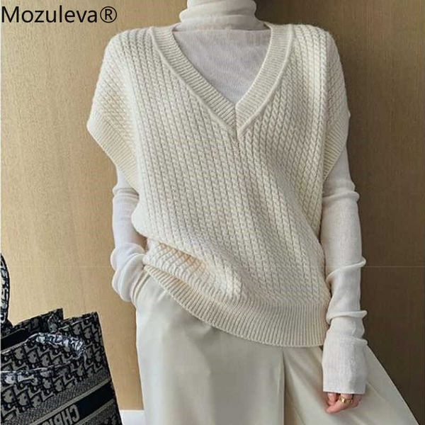 

mozuleva autumn winter women sweaters pullovers sleeveless vest knitting vintage oversize wild knitwear 210706, White;black