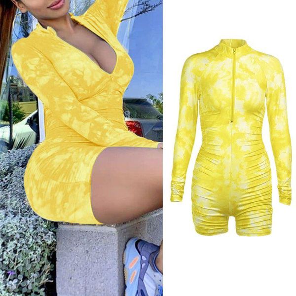 

women long sleeve zip jumpsuit gradient tie-dye bulift biker shorts playsuit e56c women's jumpsuits & rompers, Black;white