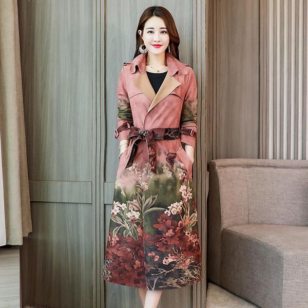 

trench coat women 2021 spring autumn printing long suede windbreaker fashion female slim coat plus size trench coat 11459, Red