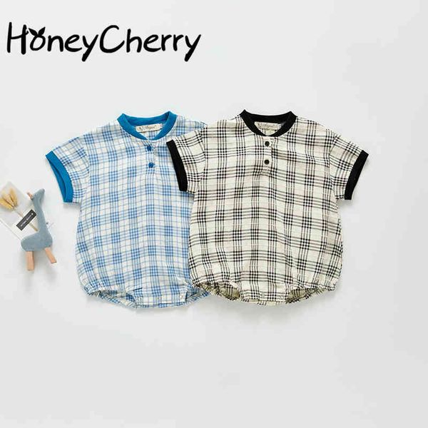 

summer baby casual romper plaid short-sleeved born boy clothes 210515, Blue