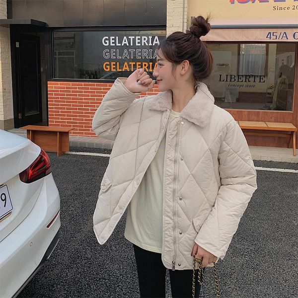 

women's down & parkas winter women college style fur collar rhombic cotton jacket coat, Black