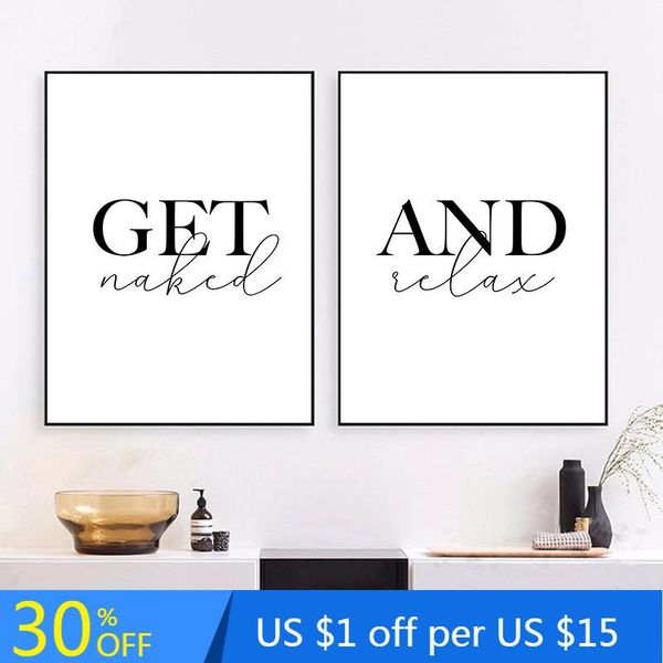 

paintings black white wall art canvas painting print get naked and relax quote for bathroom toilet home decor poster pictures