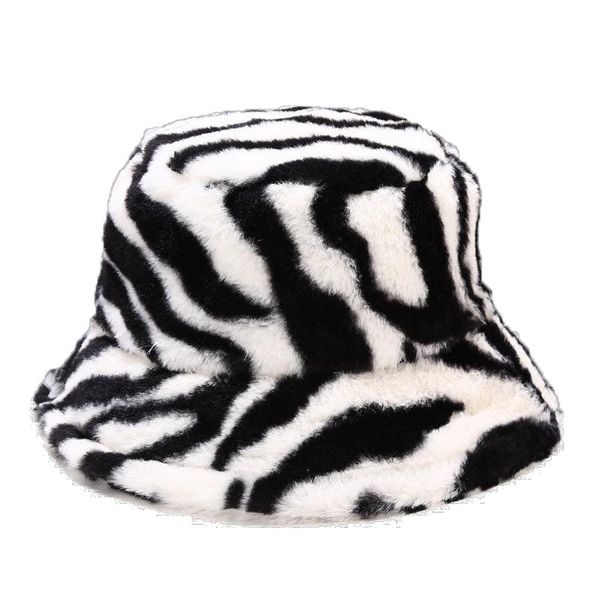 

wide brim hats fluffy fisherman hat faux fur warm bucket for women girl colorful zebra stripes print plush velvet winter bob panama, Blue;gray