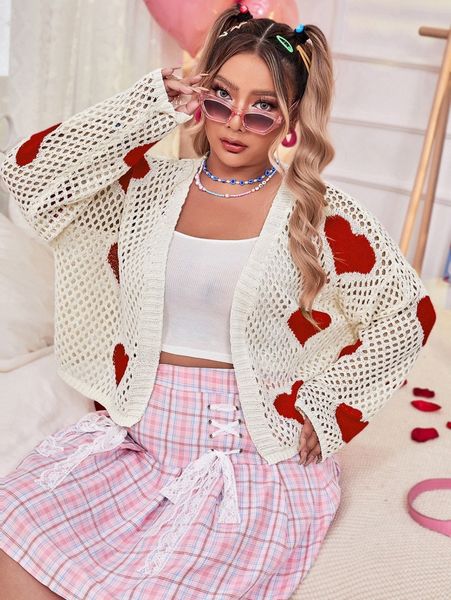 

plus heart pattern open knit cardigan r07n#, Black