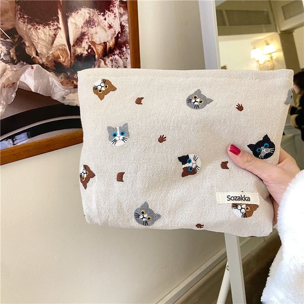 

3pcs stuff sacks women cotton linen cat prints square pencil bag mix color