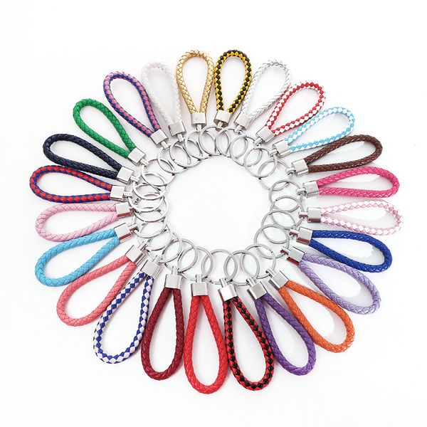 

50 pieces pu leather braided woven keychain rope rings fit diy circle pendant key chains holder car keyrings jewelry accessories, Silver