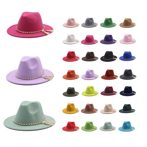 

wide brim hats contracted fedora for women men pearl belt ribbon gentleman elegant lady panama cowboy trilby party autumn, Blue;gray