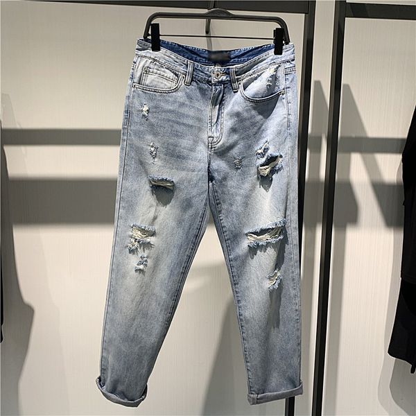 

no.14 south korean 2020 summer men's straight beggars' pants thin perforated jeans b2haa5f51, Blue