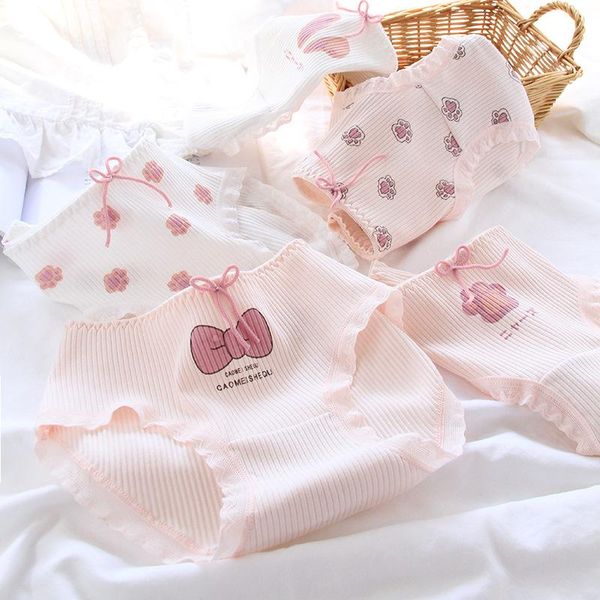 

women's panties sp&city student girls bow lace ruffle cotton women underwear cartoon cute claw seamless female breathable kawaii briefs, Black;pink