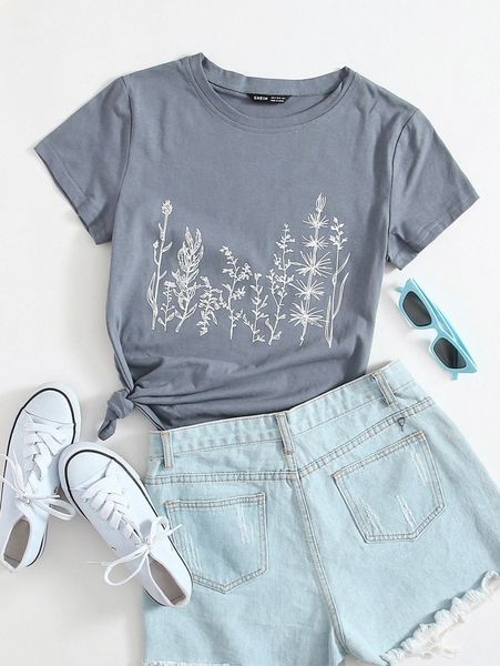 

plants print short sleeve tee w7d7#, White