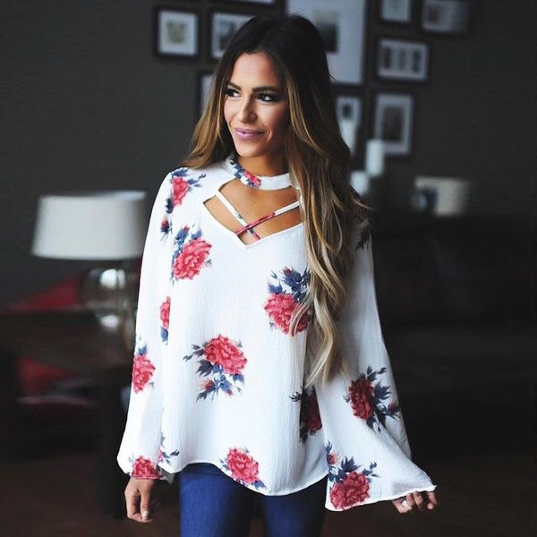 

women's t-shirt female spring printed sleeve long printing flower, White