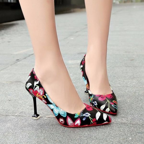 

fashion high heels women pumps thin heel classic embroidery prom wedding shoes blue red wine zapatillas mujer s21-39 dress, Black