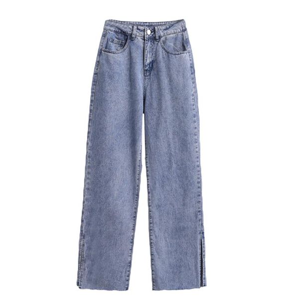 

women's jeans plus size wide leg fall loose straight pants fashion split fork high waist, Blue
