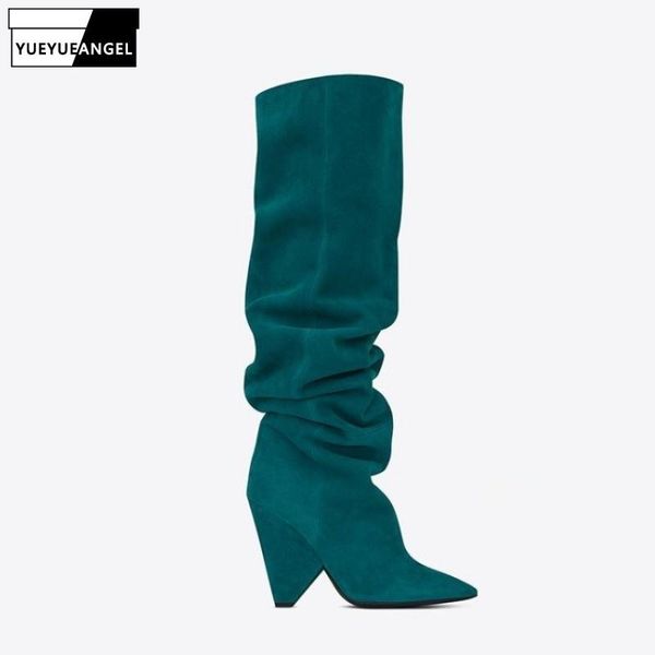 

boots winter shoes women runway silver diamond knee high brand spike heel pointed toe motorcycle big size, Black