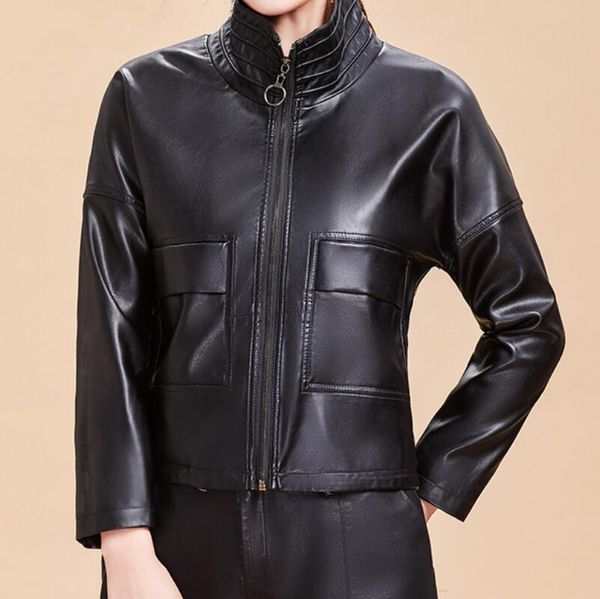 

women's leather & faux spring women fashion personalized custom plue size loose short stand-up collar pu jacket l--5xl, Black