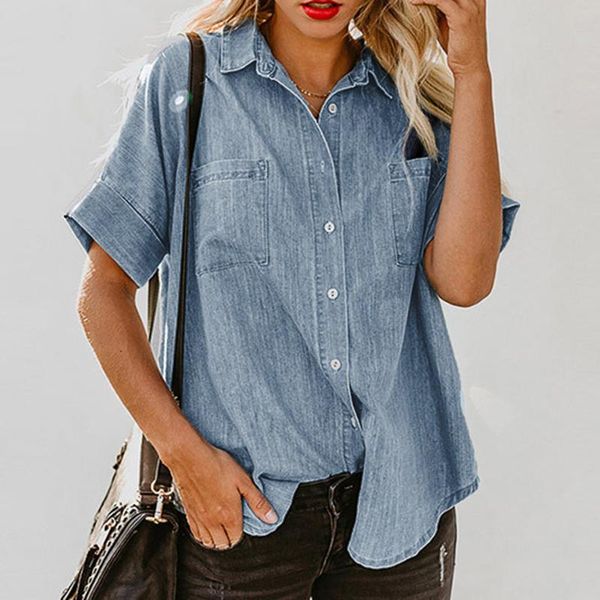 

women's blouses & shirts 40# denim basic blouse office lady solid color turn-down collar shirt short sleeve straight pocket femme blusa, White