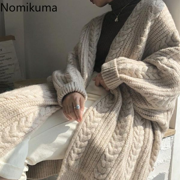 

women's sweaters nomikuma korean style long cardigan women solid color full sleeve open stitch lazy loose casual harajuku knitted sweat, White;black