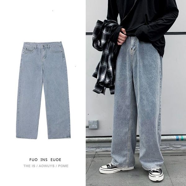 

Men's Jeans Korean Style Straight Fashion Solid Color Casual Retro Men Streetwear Wild Loose Hip-hop Denim Trousers Mens M689, Blue