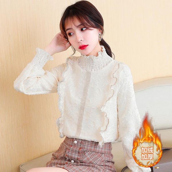 

women's blouses & shirts coigarsam blouse women winter 2021 long sleeve lace loose add wool upset blusas womens and, White